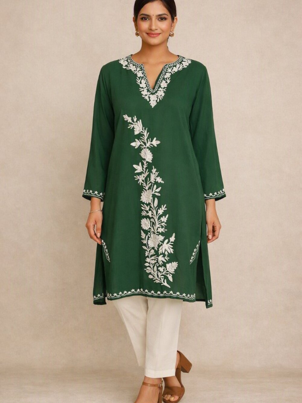 Kurtas Tunic Green with Ivory Embroidery Size XL